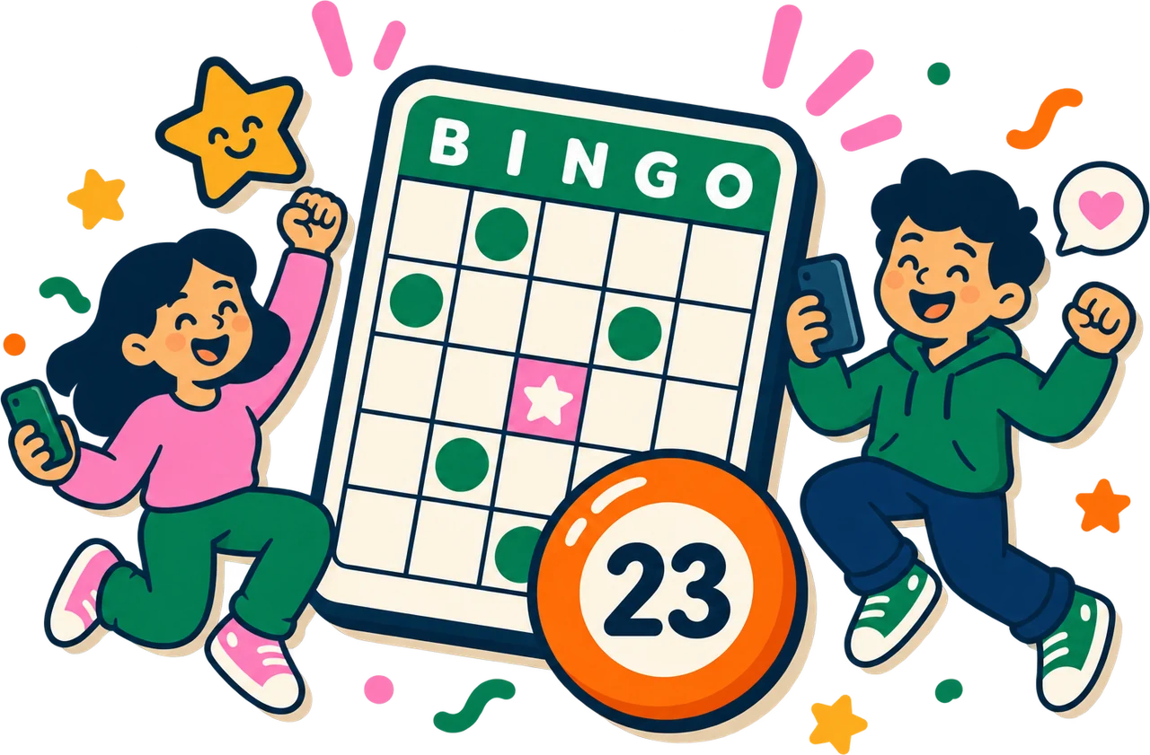 Dos jugadores celebrando un bingo junto a un cartón y la bola 23